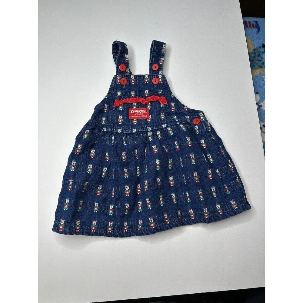 Vintage OshKosh B’Gosh Overall Dress Denim Bear Vestback Made In USA 100% cotton